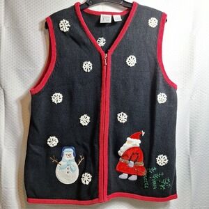 FIELDGEAR Full Zip Christmas Sweater Vest Sz L Santa Claus Snowman Snowflake EUC